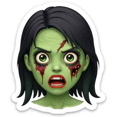 green-skinned zombie girl with black mid-length hair and black eyes, mouth open in shock, wound on cheek, iOS style emoji sticker