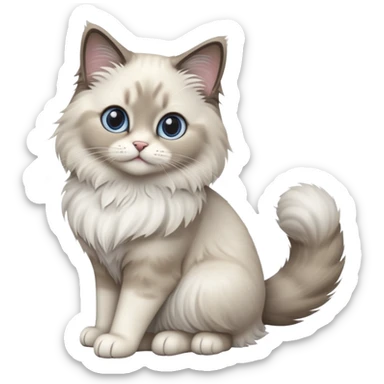 cinematic-[Ragdoll cat]-realistic-full-body-sitting-emoji,-tail-curled-playfully-around-its-paws,-head-tilted-dramatically,-fluffy-[grey ragdoll cat]-fur,-simplified-yet-realistic-focused-features,-highly-detailed,-glowing-with-an-almost-sarcastic-glow sticker