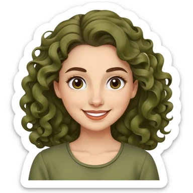 Mujer, cara redonda, cejas definidas, pelo muy largo rizado, peinado hacia atrás con bucles sueltos al frente. Sonrisa amplia, expresión alegre. Blusa verde olivo sticker