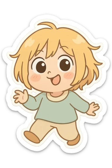 Tun Tun Suhoor, viral Italian brainrot meme character, chibi emoji style, cute round face, playful expression, blonde messy bob, big eyes, small mouth, slight blush on cheeks, simple pastel outfit, funny and silly meme vibe, no text sticker