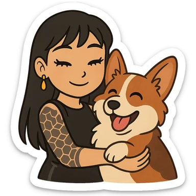Ghibli-style emoji of an Asian girl with long straight hair, side-swept bangs, black leather dress, gold drop earrings, bold false lashes, and a geometric 3/4 sleeve tattoo on her left arm, hugging a joyful red head tri-color corgi, simplified, emoji-like sticker