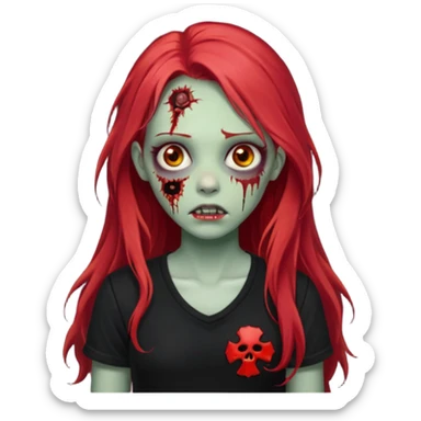 zombie girl with long red hair with black shirt that says lei sticker