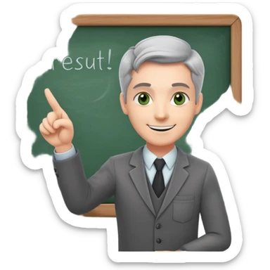 smiling English teacher with airtouch hair and grey-green eyes pointing at a chalkboard with present simple tense table sticker