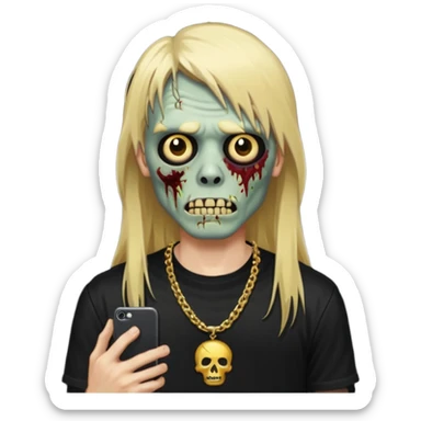 make a iphone emoji who is a zombie man with long blonde hair with bangs, with a black punk shirt and a golden neckless sticker