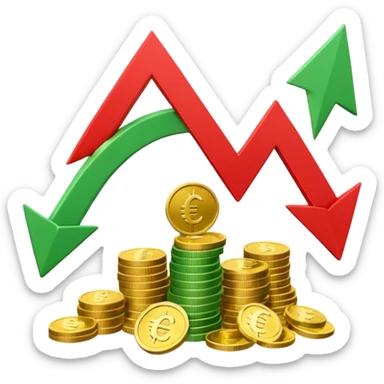 3D euro coins and banknotes stack, green upward arrow and red downward arrow, 
money flowing in and out, gold and silver coins, transparent background, 
emoji style, realistic, balanced composition sticker