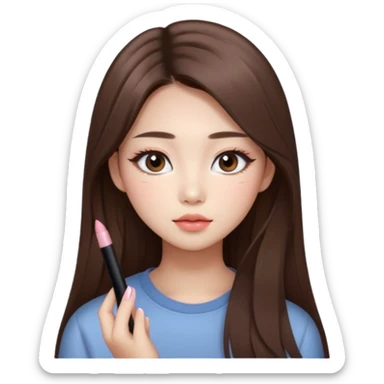“korean straight long brown hair Emoji girl, soft eyeliner and blush, gradient lips, light brown shimmer eyeshadow sticker