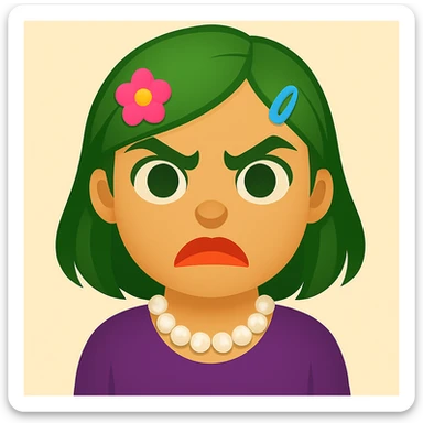 Create an emoji style image of a girl with green hair and an angry expression. She has green eyes, lipstick blended with coral and orange, colorful hair clips, and a pearl necklace. sticker