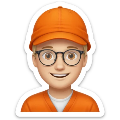 white young man in glasses with an orange cap, smiling sticker
