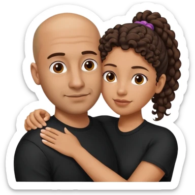 A picture of a tanned couple embracing. the man is a Mexican man with tanned skin, a bald hair cut, short beard and wearing a black shirt. the woman is mixed, with curly brown hair in a pony tail and with big boobs  sticker