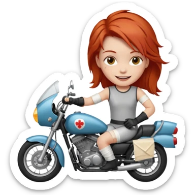 an injured red head cheekily smiling on a morotcycle sticker