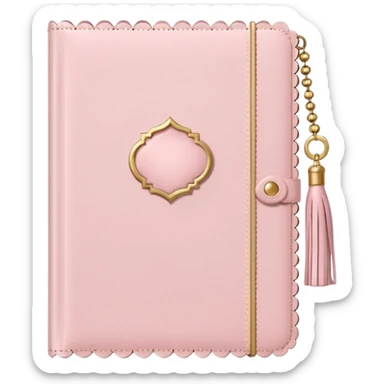 a soft pink journal with scalloped edges, tiny gold dot details, and a small tassel charm, cozy and elegant stationery vibe sticker