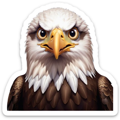 Cinematic Comical American Eagle Portrait Emoji, Head tilted dramatically with an exaggeratedly shocked expression, featuring a robust, powerful form with wide, comically expressive eyes full of playful disbelief and a mix of stark white and dark plumage, Simplified yet hilariously expressive features, highly detailed, glowing with a slightly sassy majestic glow, high shine, dramatic yet playful, stylized with an air of cheeky aerial mischief, soft glowing outline, capturing the essence of a meme-worthy American eagle that looks ready to side-eye its way into viral fame! sticker