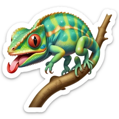 cinematic cute -chameleon-realistic emoji, mouth wide open with tongue out catching prey, -blending-with-vibrant-greenery.-detailed-scales-in-shifting-colors,-showing-the-chameleon’s-ability-to-camouflage.-soft-natural-light-highlights-its-texture.-light-background, zoomed into its face sticker