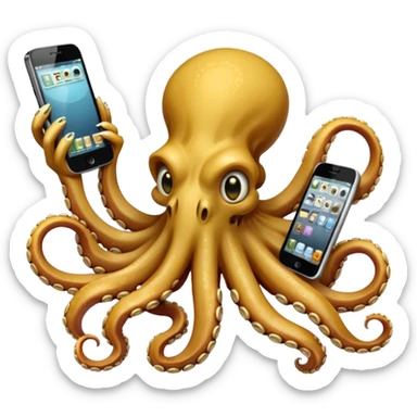 Intimidating octopus made of bones. Evil looking eyes, wearing a gold necklace. 3 tentacles are holding their own cellphone with one held to the side of its face as if its on a phone call, 2 other tentacles are holding stacks of money sticker