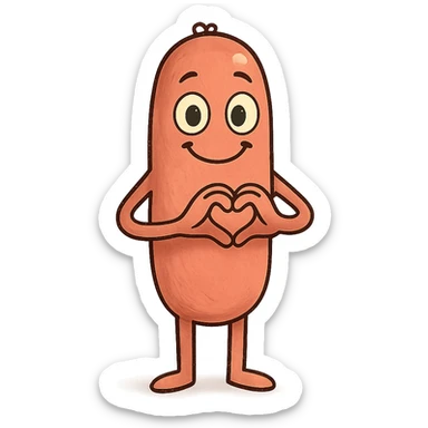 a smiling sausage-shaped humanoid with a pinkish-orange body, simple arms and legs, big eyes, and a happy smile, forming a heart with its hands sticker