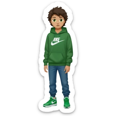 a 14 year old slightly tanned teenage boy with dark brown tousled wavy hair, dark brown eyes wearing a green tshirt, a dark green hoodie, blue jeans and green nike air jordans sticker
