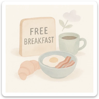 soft watercolor illustration in a minimalist modern style, pastel colors, delicate linework, gentle whimsical mood, minimal soft shading, 'Free Breakfast' sign sticker