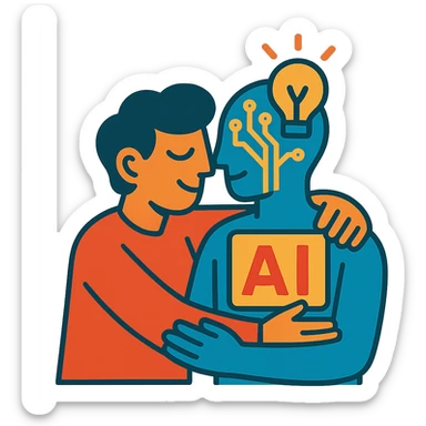 person and abstract AI icon with circuitry, light, or data in a warm embrace sticker