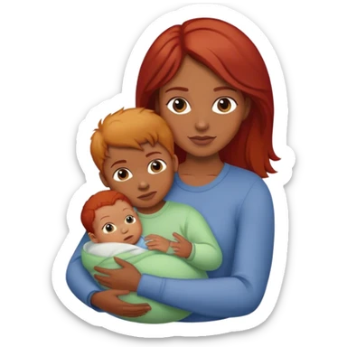 A mother with brown hair holds a red-haired baby and a blond boy  sticker