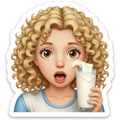 Girl with dirty blonde highlights on the end hair curly rolling her eyes all the way back with her mouth open and milk on her cheeks sticker