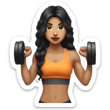 A think Indian girl with long black wavy hair, big lips and eyes, and fair skin, lifting weights at the gym sticker