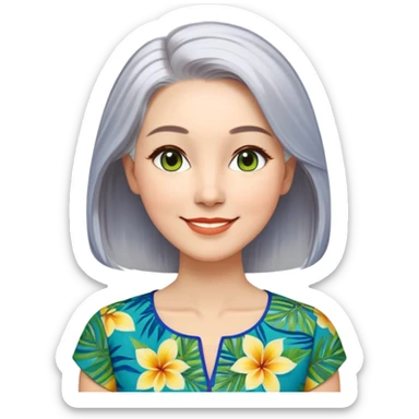 A woman with light complexion, oval face with soft rounded features, full cheeks, gentle almond-shaped eyes with subtle smile lines, longer back length silver-gray hair parted to the side, wearing a vibrant short-sleeved blouse with tropical print in blue, green, and yellow, exuding warmth and joy. sticker