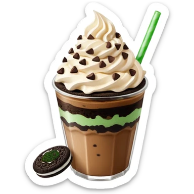 Vaso de vidrio con Frappé color café, crema en la parte superior con popote verde insertado en la crema, agregar encima de la crema chispas de chocolate y una galleta redonda color café oscuro tipo Oreo. sticker