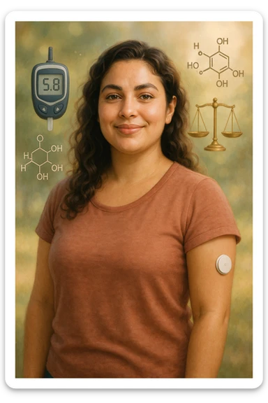 realistic cinematic illustration of a woman with PCOS showing signs of well-being and stable blood sugar thanks to healthy eating, symbols of blood sugar balance, positive atmosphere, vertical 2:3 aspect ratio, very few text sticker