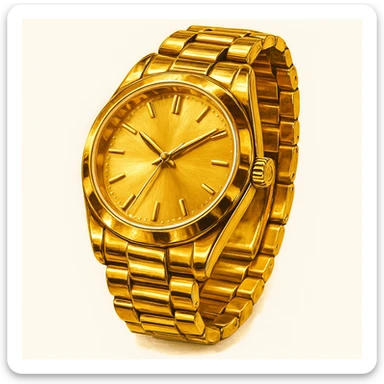 Сгенерируй мне часы ЗОЛОТЫЕ, дорогие, в чуть рисованном стиле. На чисто белом фоне. БЕЗ НАДПИСЕЙ. Но при этом объмная и яркая. Золото не должно быть пластмассовое, оно должно быть блестящие, хорошее sticker