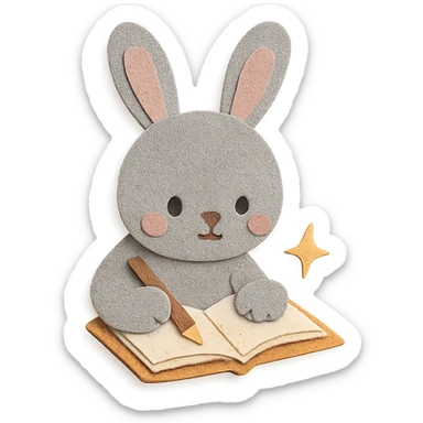 highly detailed, high quality paper craft style illustration of a gray bunny writing in a notebook with a spark of light, intricate textures, soft lighting, delicate cut-paper details sticker