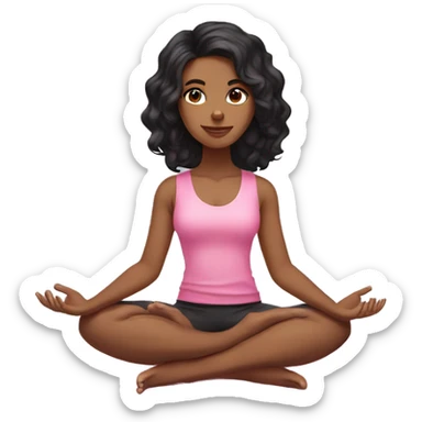 Long wavy BLACK hair LIGHT SKIN DARK BROWN EYES yoga girl wearing pink sitting on yoga mat sticker