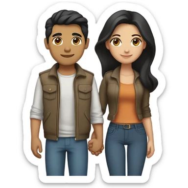 a couple holding hands. the guy has black middle part hair and is Persian and Filipino mix, wearing a jacket. the girl has brown hair white and asian mix, wearing a crop top. sticker