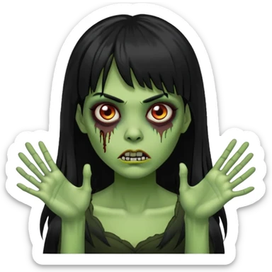 mulher zombie verde com cabelos pretos longos e franja com as mãos para frente igual um zombie sticker