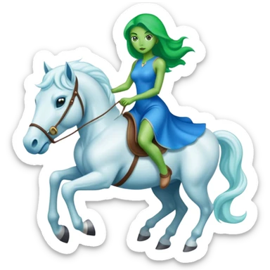 green alien woman in blue dress rides a white stallion sticker