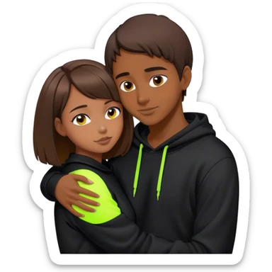 cyberpunk a girl with brown hair, a bob haircut, hugs a guy by the neck, both in black hoodies with neon sticker