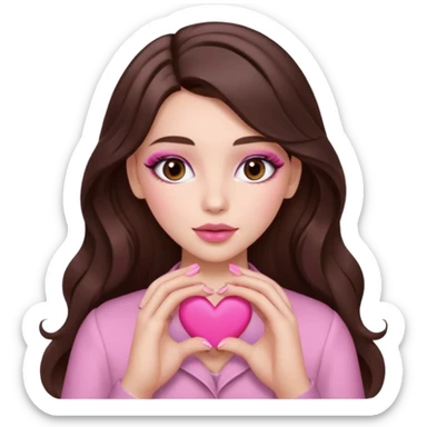 Pink and brown emoji, love emoji inspired with brunette hair, brown eyes, long hair, heart shape lips and pink make up making a heart with her hands and pink nails, mauve pink blush sticker