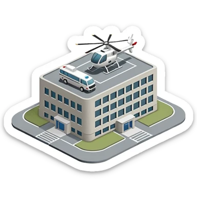hospital isometric view building with heliport sticker