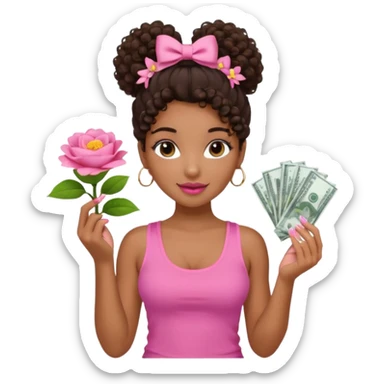 Uma menina com o cabelo cacheado com um Coque com baby hair, morena, e com uma regata rosa com um gloss na frente da regata ,com unha em gel,e com dinheiro na mão ,e com flores na outra mão,  sticker