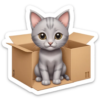  A very cute gery young kitten cat with one's head tilted to one side poked its paws out of the cardboard big box and placed them on top of it sticker