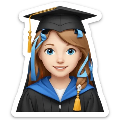 light brown haired girl with long hair, blue eyes, pale skin, wearing graduation regalia with white hood, smiling sticker