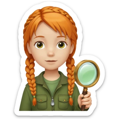 braid orange haired girl kid in moss green explorer outfit, holding magnifying glass sticker