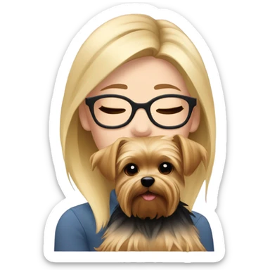 White girl blonde hair eyes closed wearing glasses hugs Yorkshire terrier  sticker