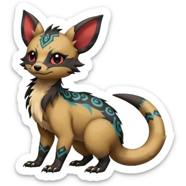 Rare warm-colored exotic cute epic aesthetic gothic colorful Salandit-Eevee-Civet-species-Fakemon-hybrid-creature, with tribal tattoo markings, full body sticker