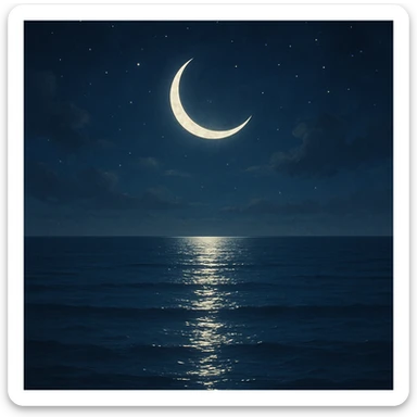 crescent moon over calm sea, moonlight glimmering on water, peaceful night, general style sticker