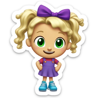 A little blonde girl with pigtails and little purple bows wearing a red long-sleeved shirt and purple overalls skirt with blue tights with green polka dots and purple sneakers, full body, rugrats sticker