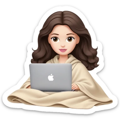 Barbie girl with a long wavy dark brown hair in pale beige clothes inside a pale beige blanket working macbook  sticker