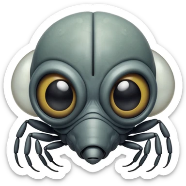 A front-facing alien with an insect-like head — no human nose or mouth. Large compound eyes like a fly, short mandibles instead of lips, and thin antennae. Exoskeleton texture. Not cute or human-like. sticker