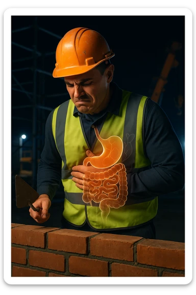 a construction worker in a reflective vest and hard hat is laying bricks at a nighttime construction site, illuminated by strong work lights. He pauses, one hand on his abdomen with a pained or uncomfortable expression, while the other holds a trowel. In the background, scaffolding and machinery are visible under the night sky. Subtle icons or overlays highlight digestive organs, suggesting the need for intestinal balance. sticker
