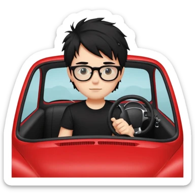 generate a pretty bratz fair skinned boy with black messy hair wearing a black tshirt driving a red car. Glasses on.  sticker