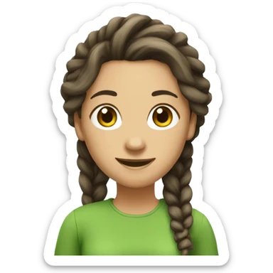 I want an emoji of a brunette woman with dreadlocks with a notebook in her hand and a green shirt with a happy look and smile sticker